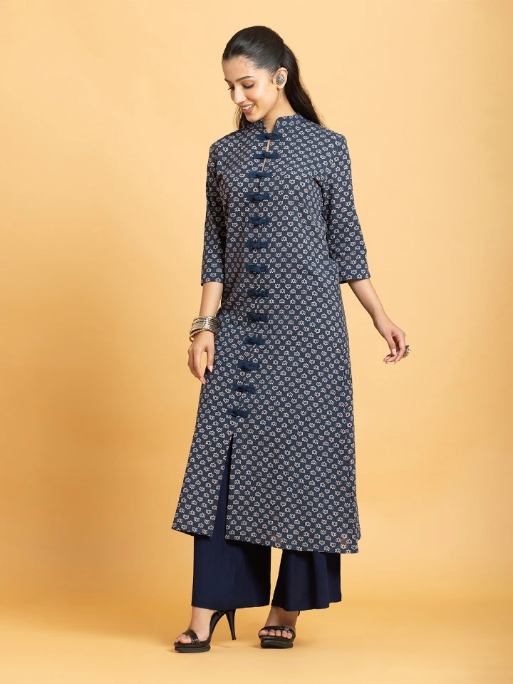Navy Blue Ajrakh Printed A-Line Kurta With Fabric Frog Knots