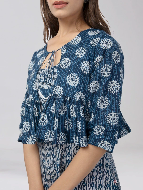 Blue Printed Side Slit Maxi Dress With Shrug 3