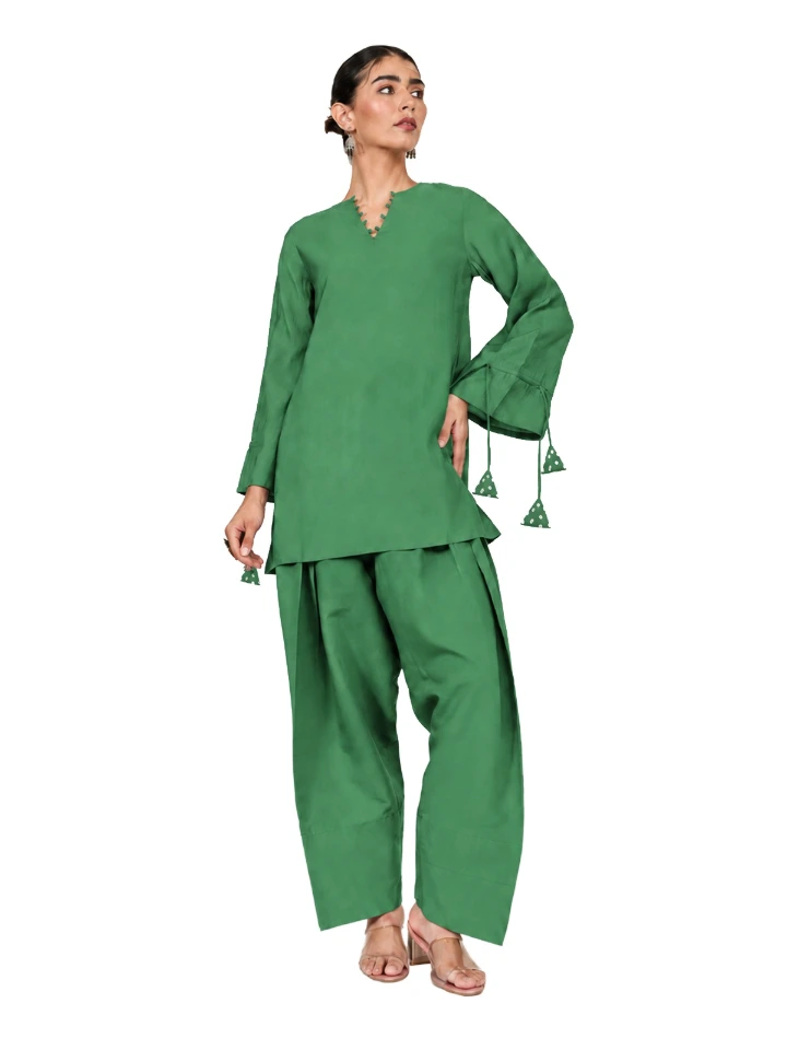 Green A-Line Kurta & Farshi Pants Set