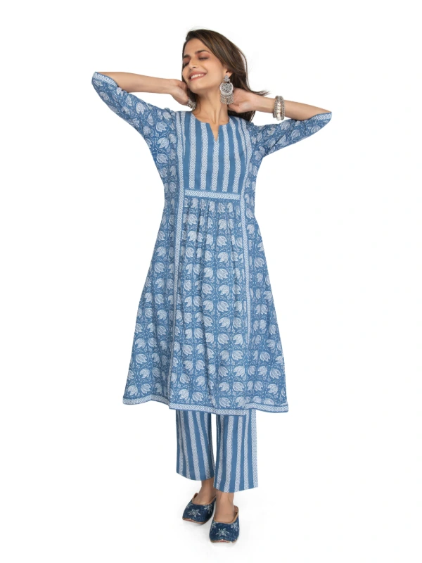 Blue Cotton Floral Kurta With Straight Pant Set 3