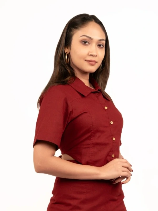 Maroon Solid Cotton Crop Shirt 4