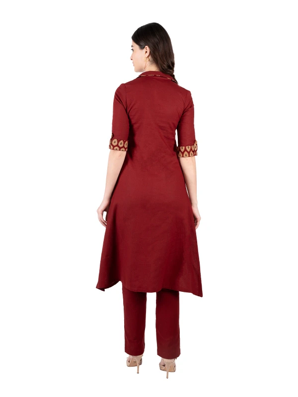 Maroon V-Neck Cotton A-Line Kurta 8
