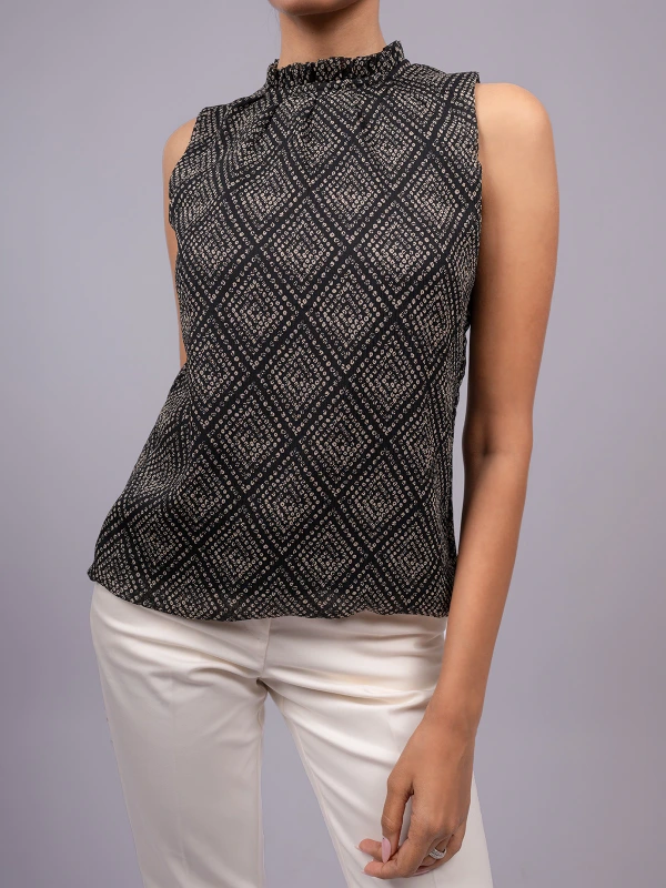 Black Printed High Neck Sleeveless Formal Top 6