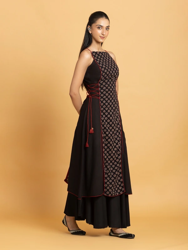 Black Ajrakh Printed A-Line Kurta With Solid Side Panel 4