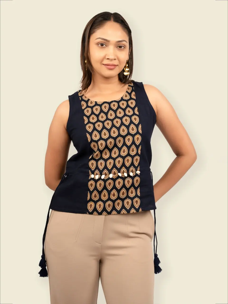 Blue Printed Cotton Sleeveless Top