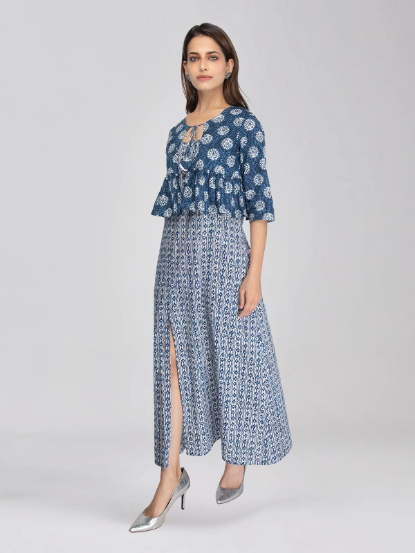 Blue Printed Side Slit Maxi Dress With Shrug 5