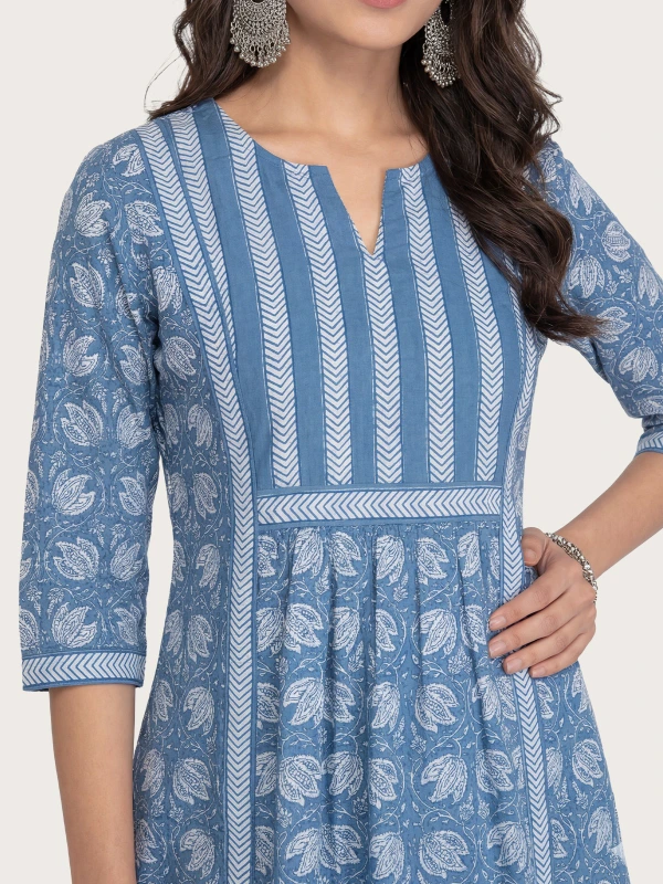 Blue Cotton Floral Kurta With Straight Pant Set 5