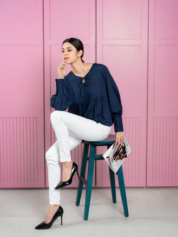 Blue Peplum Top With Bishop Sleeves 2