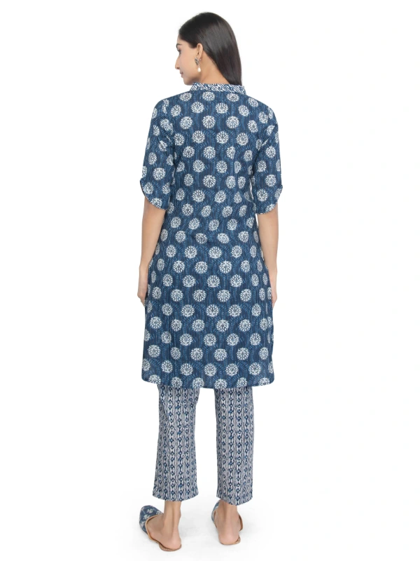 Indigo Cotton Straight-Cut Printed Kurta With Pant Set 3