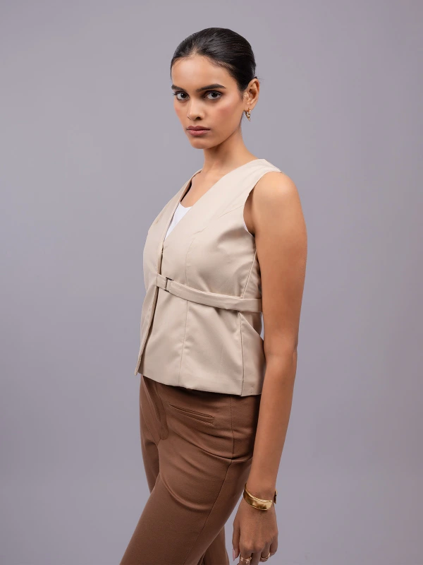 Beige Formal Sleeveless Waistcoat Top With Side Buckles 6