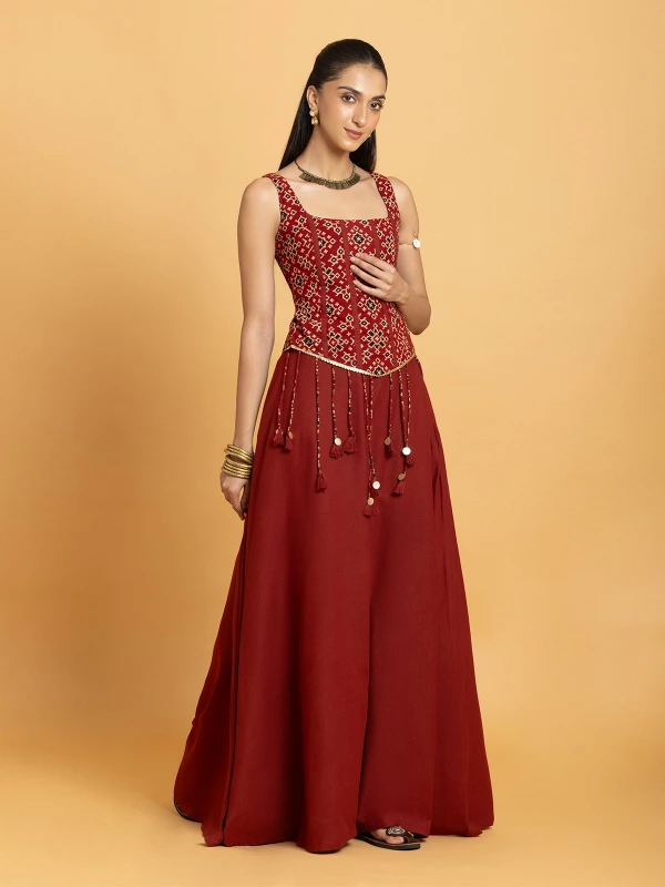 Maroon Printed Corset Top & A-Line Skirt Lehenga Set 4