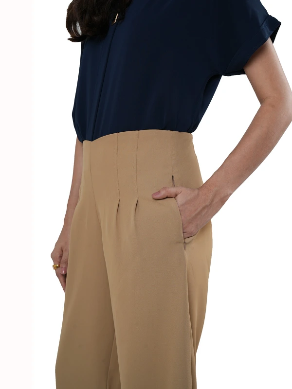 Beige High-Rise Trousers With Loose Fit And Solid Finish 4
