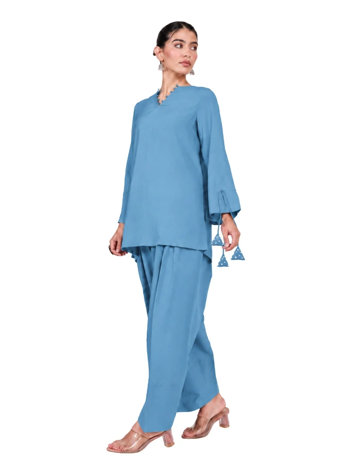 Blue A-Line Kurta & Farshi Pants Set