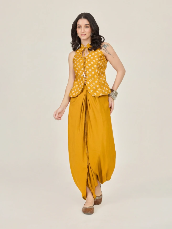 Yellow Bandhani Printed Halter Top & Dhoti Pants Ethnic Co-ord Set