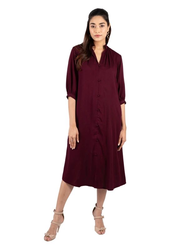 Burgundy Rayon Shirt Dress With Bishop Sleeves 4