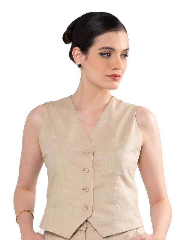 Beige Linen Blend Waistcoat For Formal Wear 4