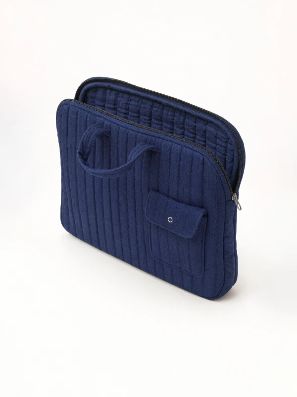 Navy Blue Textured Laptop Sleeve Bag With Utility Pocket for MacBook 4
