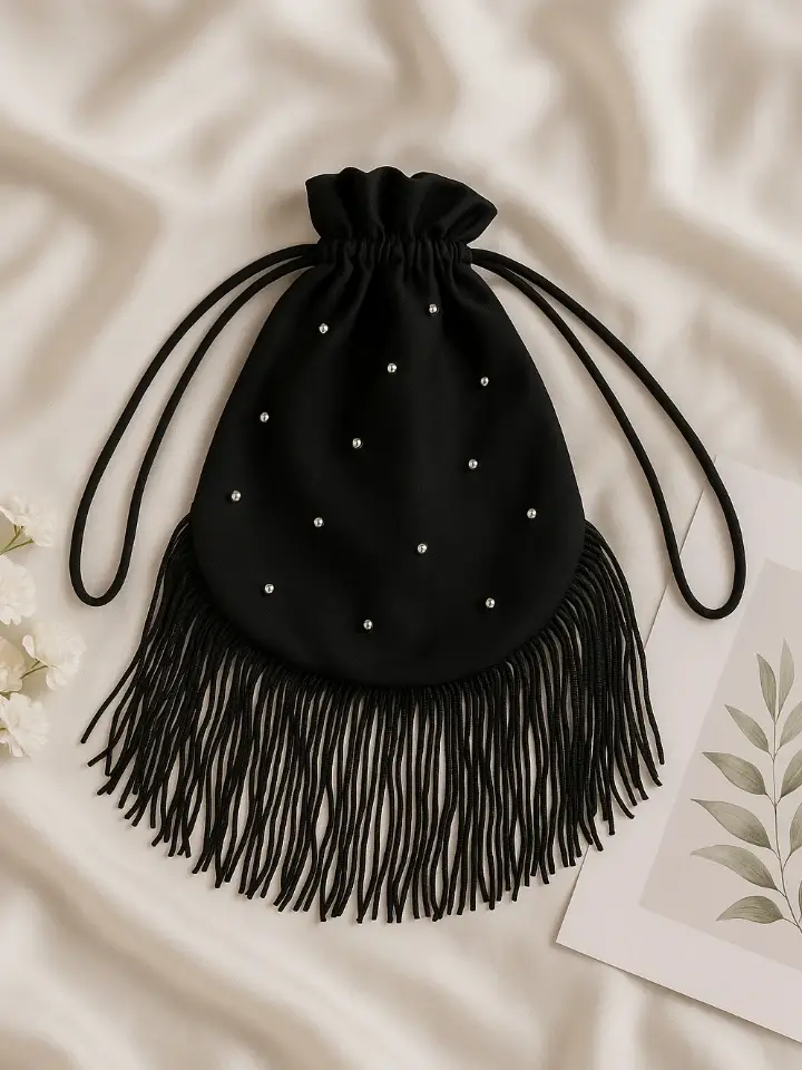 Black Pearl Potli Bag with Fringe