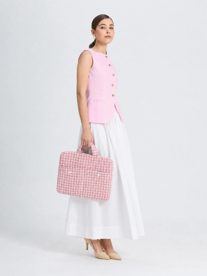 Light Pink Gingham Print Laptop Sleeve Bag with Two Utility Pockets for MacBook
