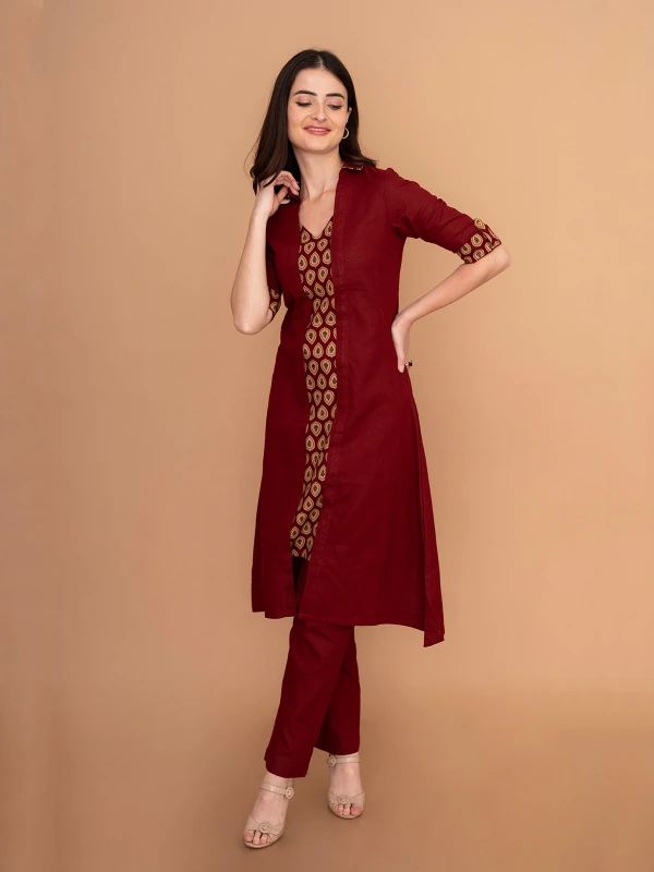 Maroon V-Neck Cotton A-Line Kurta 2