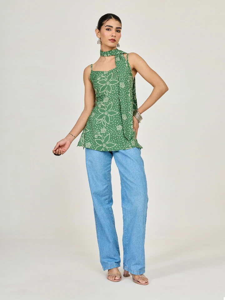 Green Bandhani Printed Kurti and Scarf