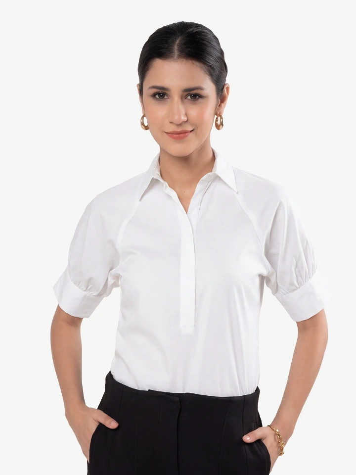 White Short Placket Shirt With Collar And Cuffed Raglan Sleeves