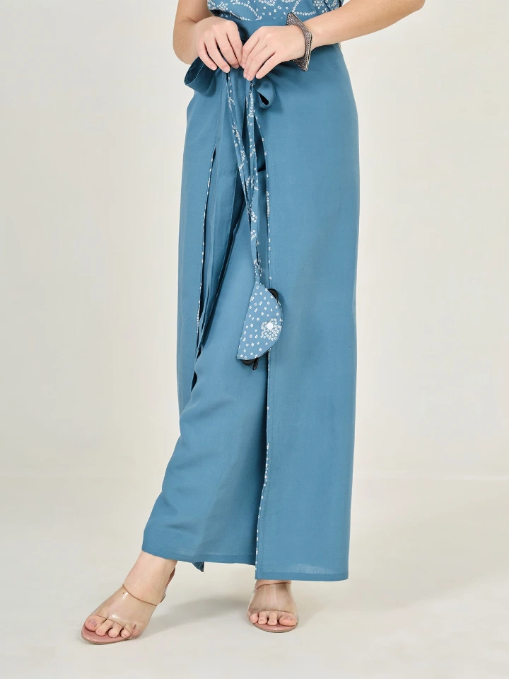 Blue Solid Front Tie Women's Wrap Pants