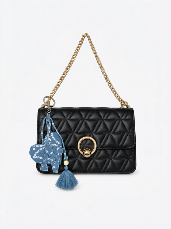 Blue Bandhani Customizable Letter Keychain With Tassel and Heart Charm