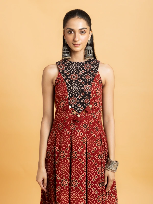 Maroon Ajrakh Printed Fit-and-Flare Maxi Dress 3