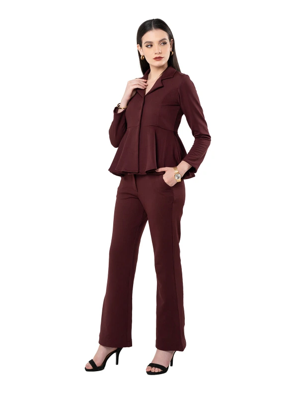 Maroon Peplum Top And Flared Pant Co-Ord Set 2