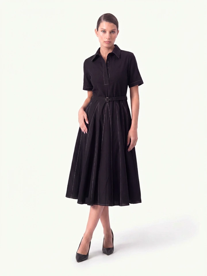 Black Collar Neck Fit and Flare Dress for Women