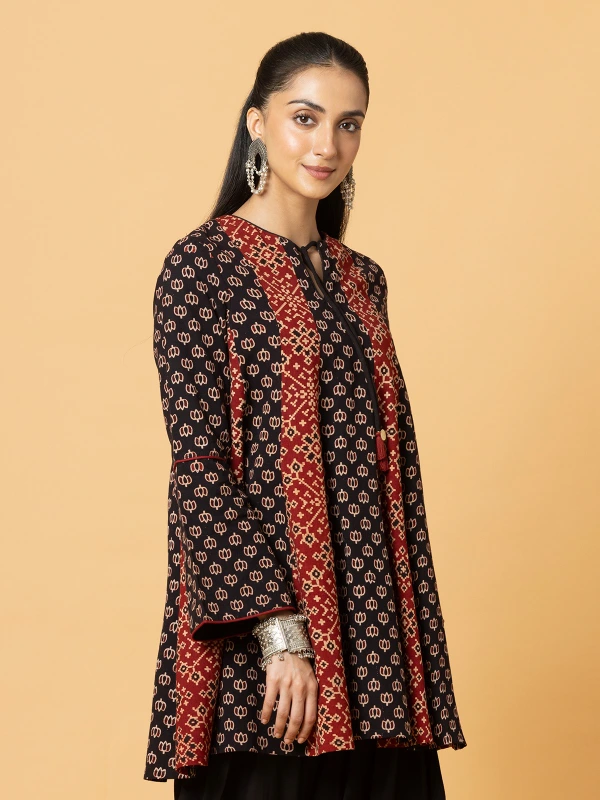 Multicolor Ajrakh Printed Flared Kurti With Farshi Kurta Set For Women 3