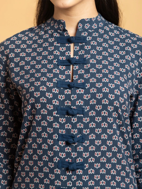 Navy Blue Ajrakh Printed A-Line Kurta With Fabric Frog Knots 5