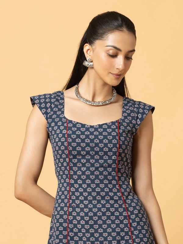 Navy Blue Ajrakh Printed Convertible Fit-and-Flare Dress 3