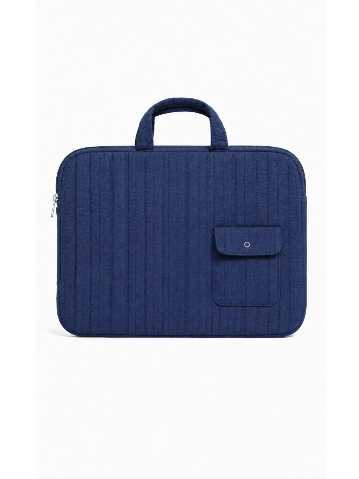 Navy Blue Textured Laptop Sleeve Bag With Utility Pocket for MacBook