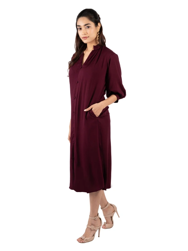 Burgundy Rayon Shirt Dress With Bishop Sleeves 2