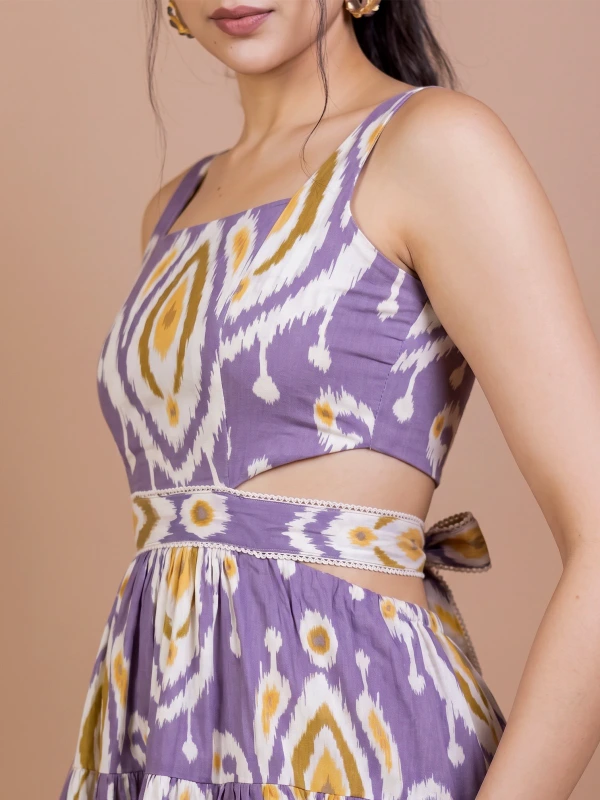 Purple Ikat Cotton Waist-Cut Mini Dress 5