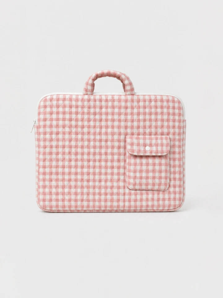 Light Pink Gingham Laptop Sleeve Bag With Utility Pocket for MacBook