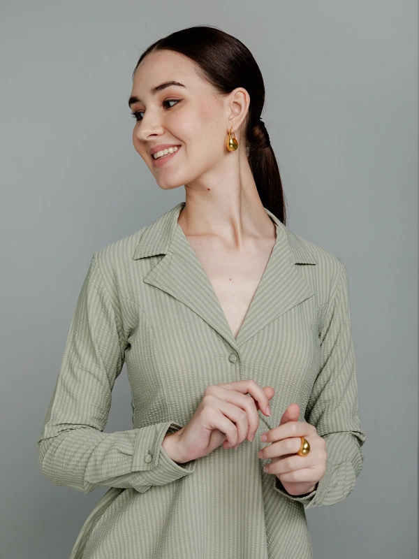Green Lapel Collar Dress With Clean-Cut Silhouette 5