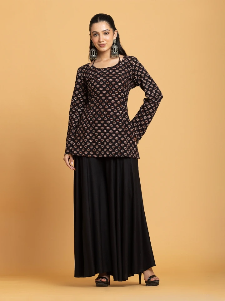 Black Ajrakh Printed Halter Tie-Up Short Kurti