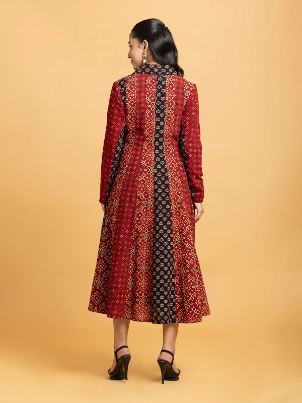 Multi Color Ajrakh Printed A-Line Panel Dress 6