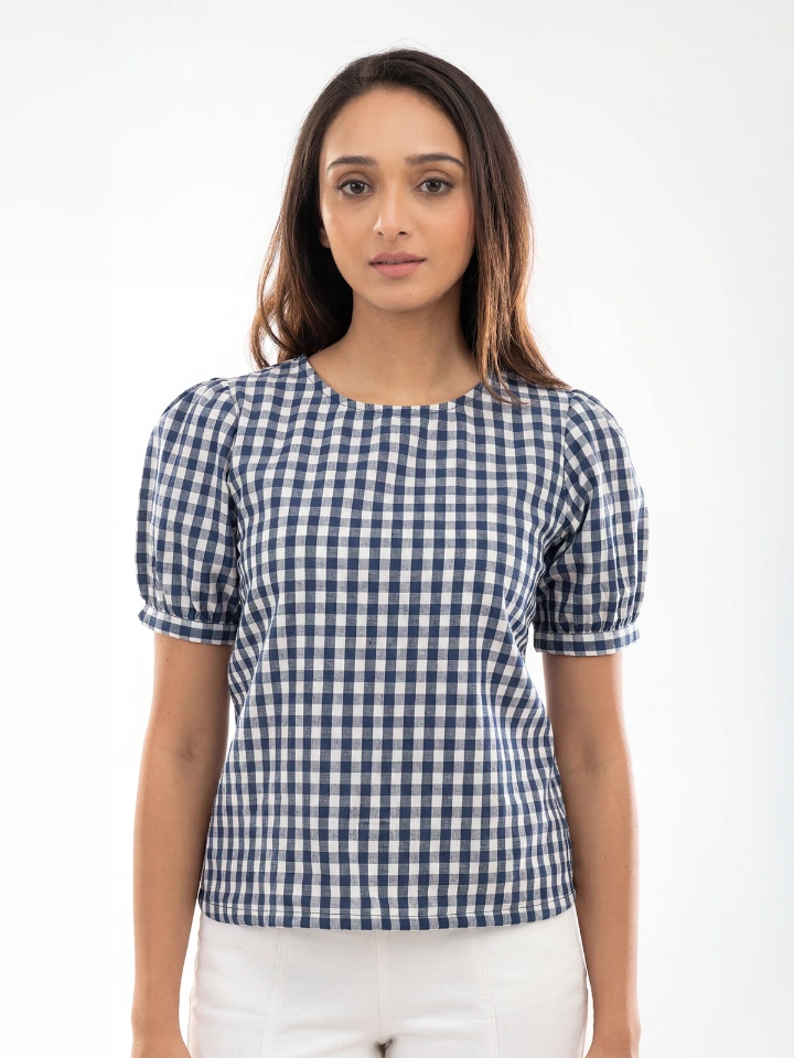 Blue Cotton Puff Sleeve Top With Checked Round Neck