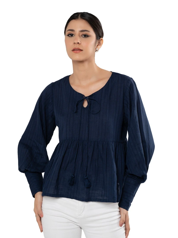 Blue Peplum Top With Bishop Sleeves 1