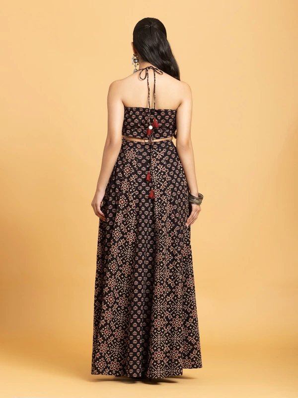 Black Ajrakh Wrap Halter Top & Flared Maxi Skirt Lehenga Set 7