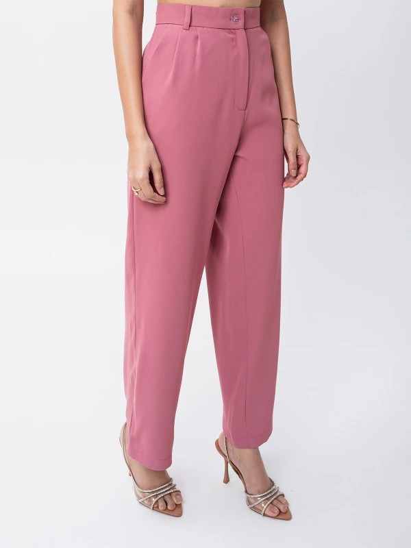 Pink High Waist Formal Trousers With Tapered Fit 3