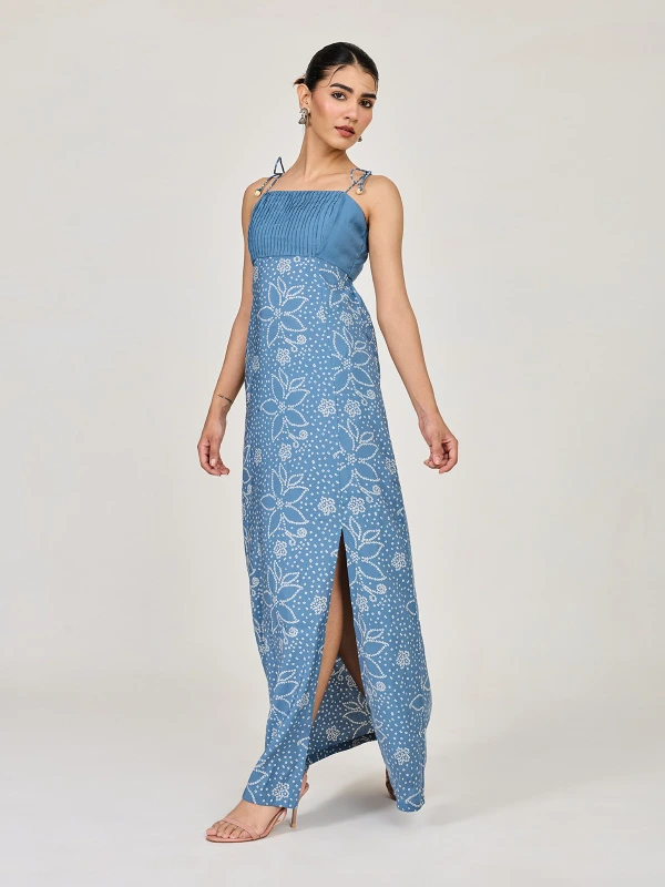 Blue Pin-Tuck Detail Straight-Cut Dress With Printed Panel 2
