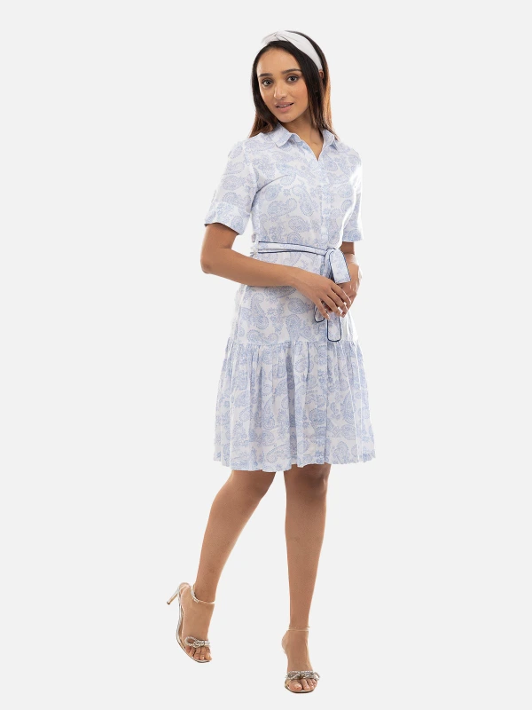 White Paisley Print Collar Neck Mini Fit and Flare Dress 2