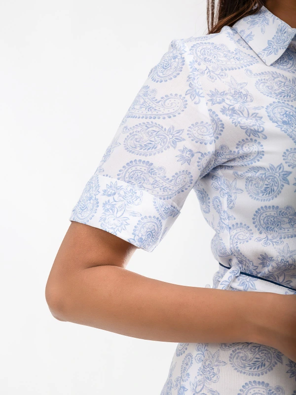 White Paisley Print Collar Neck Mini Fit and Flare Dress 4