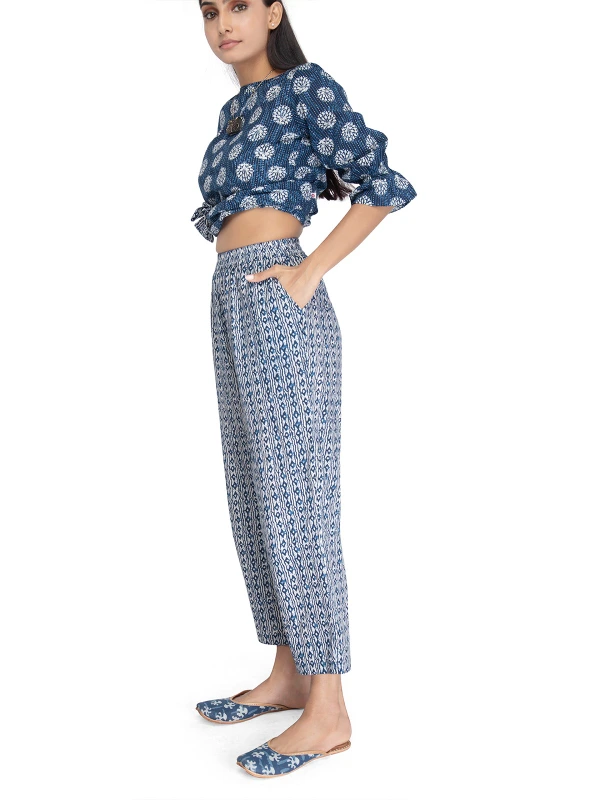 Blue printed cotton co-ord set for women with belt 3
