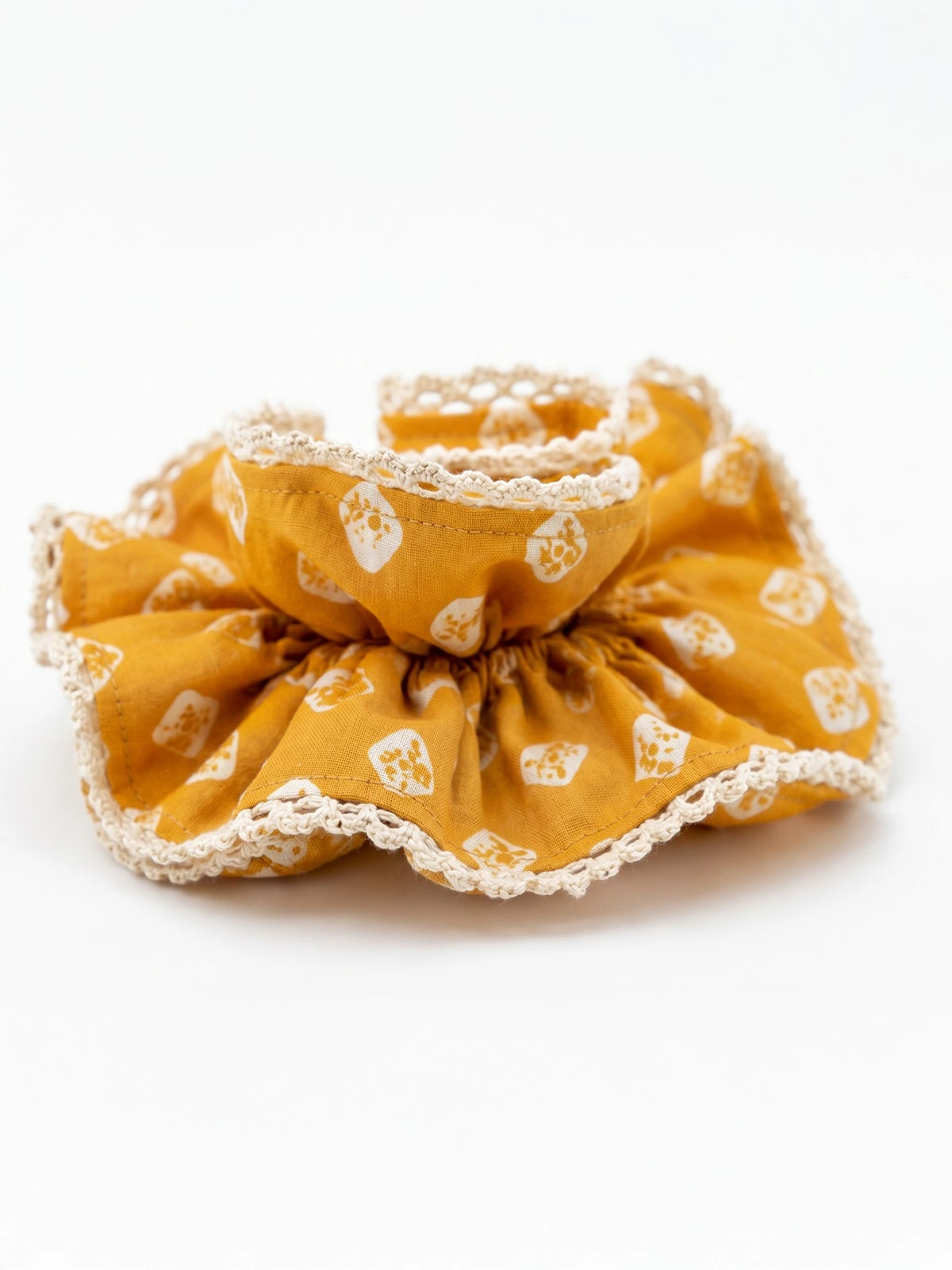 Yellow Bandhani Printed Double Layer Scrunchies thumbnail 6